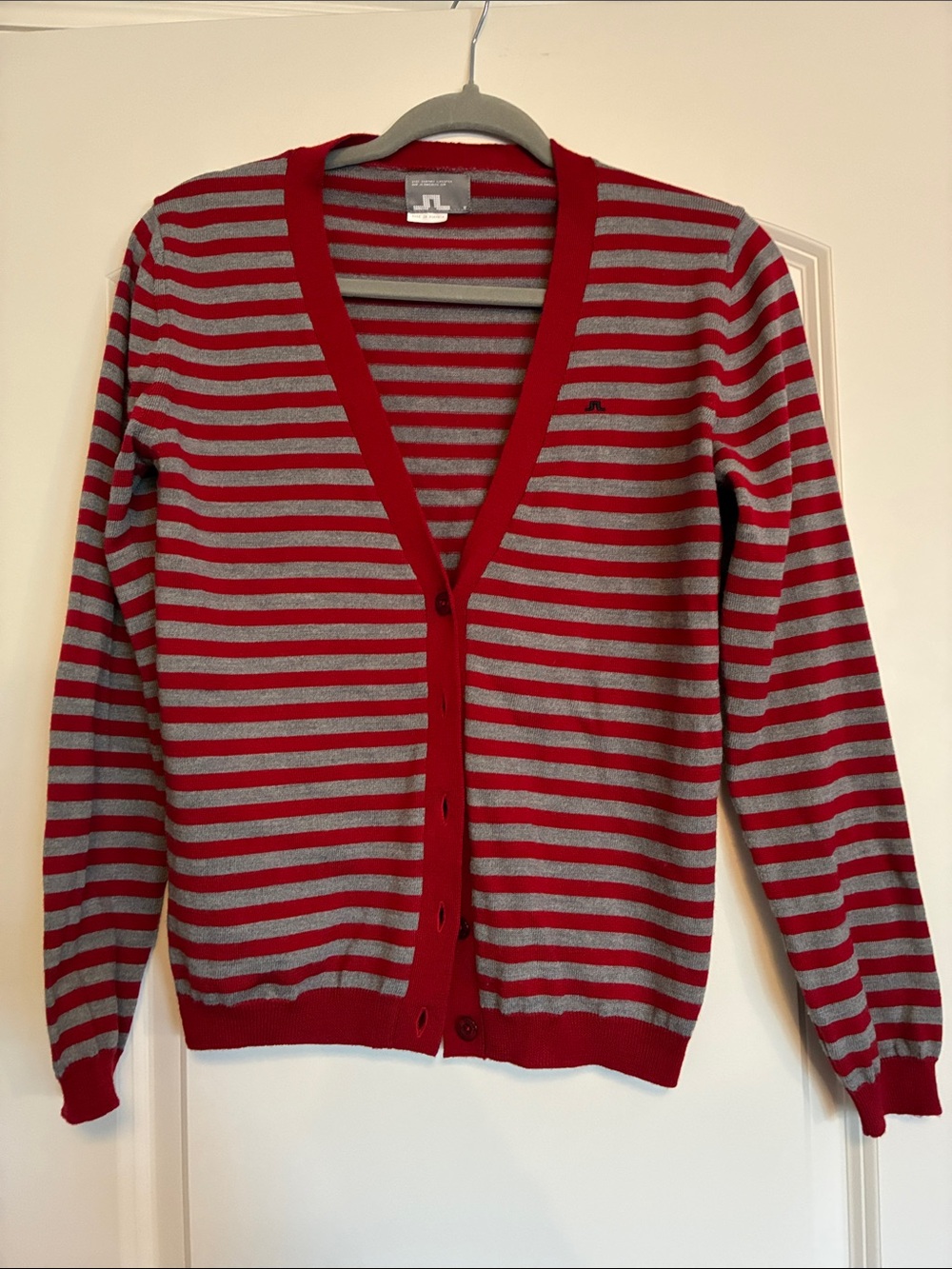 JLindeberg Red and Gray Striped V-Neck Cardigan Sweater—size M